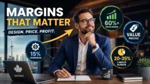Ontario service business owner analyzing 60 percent profit margins with value-based pricing, overhead costs, and labour burden breakdown
