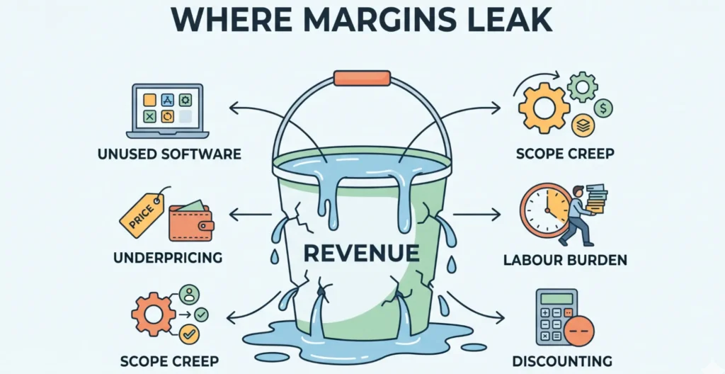 Ontario Service Businesses losing profit margins due to revenue leaks from underpricing unused software scope creep labour burden and discounting