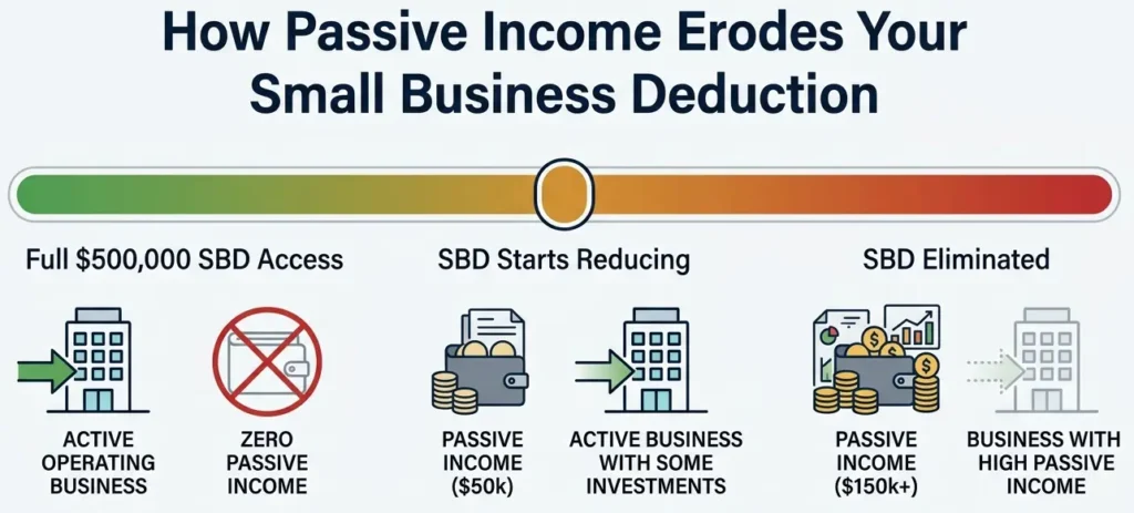 infographic showing how passive income reduces and eventually eliminates the small business deduction for Canadian corporations