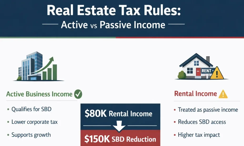 infographic explaining how passive rental income reduces small business deduction access for Canadian corporations compared to active business income