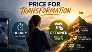 Coach comparing hourly vs retainer pricing with infographic icons showing stable income, deeper commitment, and long-term transformation.