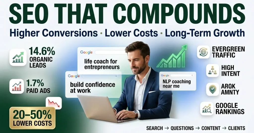 SEO vs Paid Ads infographic showing organic SEO growth, higher conversions, lower costs, and coaching business marketing strategy with bold visual analytics.