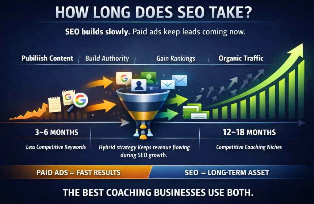 Infographic showing SEO timelines for coaching businesses with paid ads generating leads while SEO grows from 3–6 months to 12–18 months through organic traffic, rankings, evergreen content, and sustainable client acquisition.