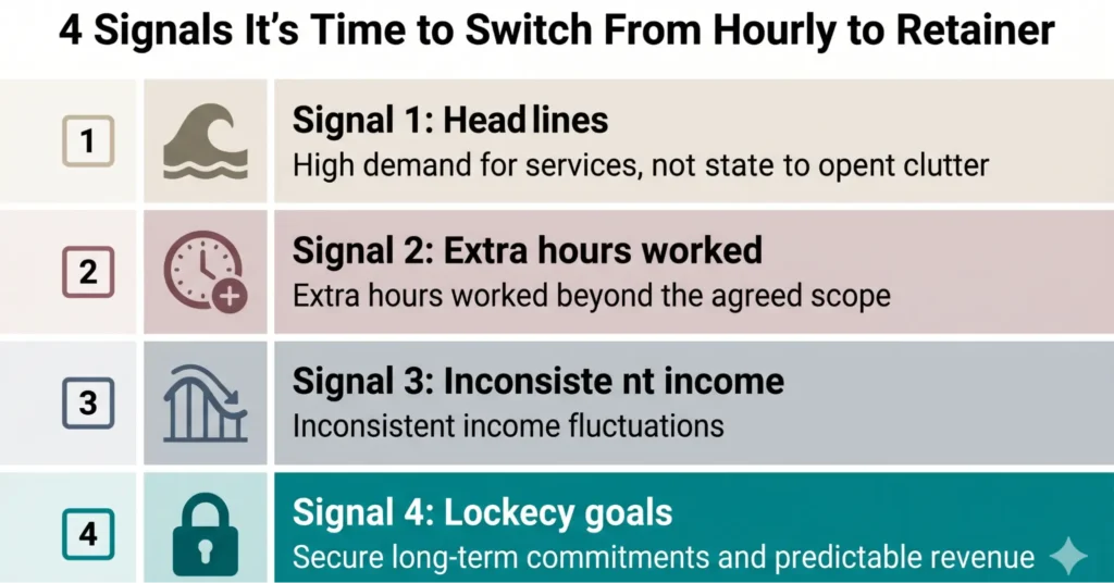 Infographic showing four signs it’s time to switch from hourly coaching rates to a retainer model, including inconsistent income and extra unpaid hours.