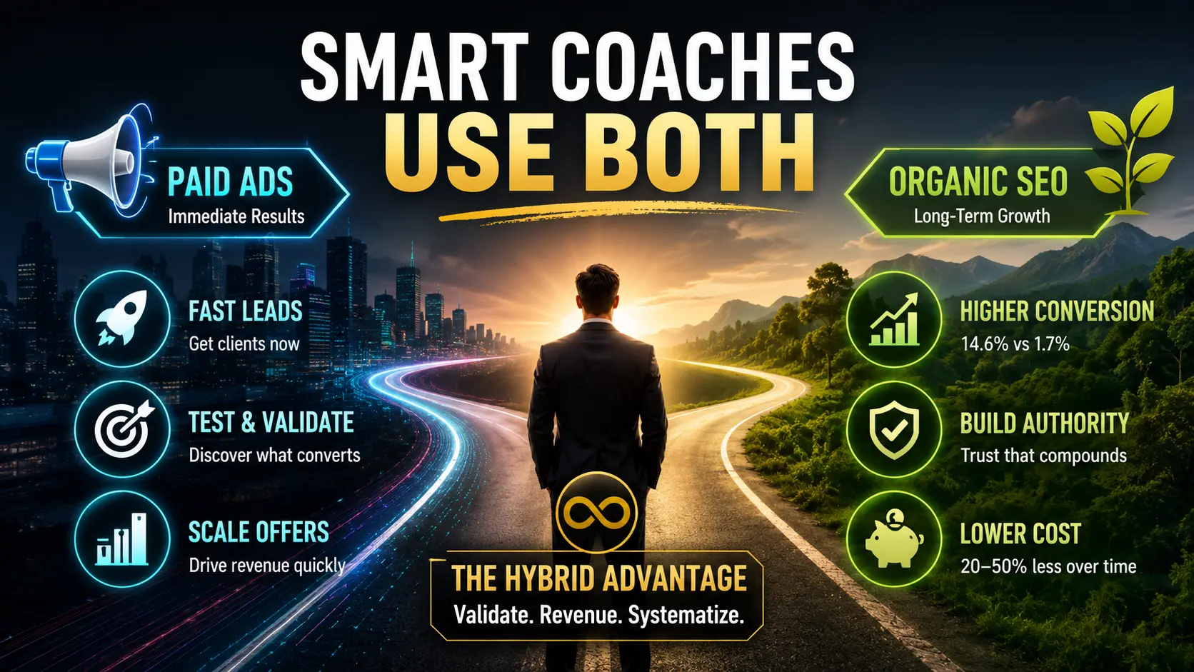 Coach standing at a split road between paid ads and organic SEO with hybrid marketing strategy infographic icons and growth visuals.