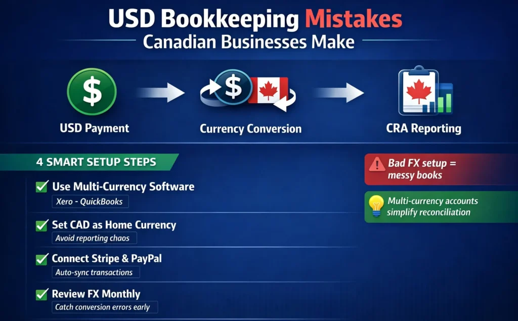 Infographic explaining common USD bookkeeping mistakes Canadian businesses make, including currency conversion issues, CRA reporting problems, and multi-currency accounting setup tips.