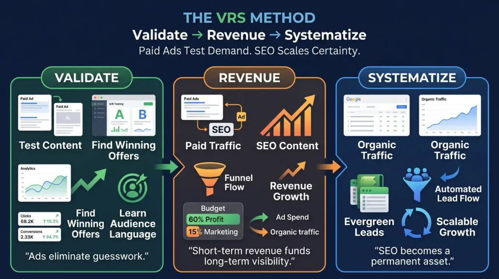 Infographic showing the VRS Method with paid ads, SEO growth, revenue flow, and leads. clean. style