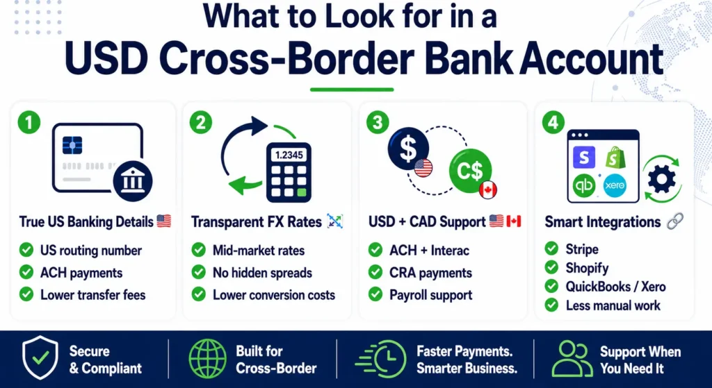 Infographic showing key features to look for in a USD cross-border bank account, including ACH access, transparent FX rates, USD and CAD support, and business software integrations.