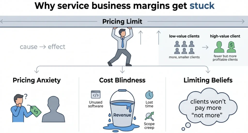 infographic showing why service business margins get stuck due to pricing anxiety cost blindness and limiting beliefs affecting profitability in Ontario service businesses