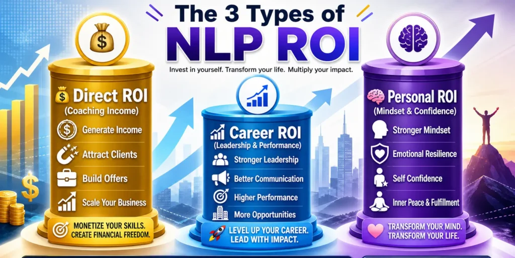 Three types of NLP ROI: direct income, career growth, and personal development benefits.