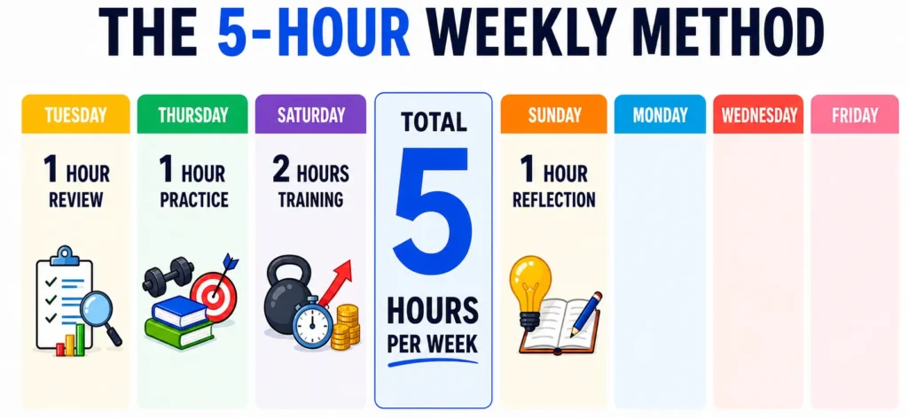 NLP Certified weekly study schedule with 5 hours per week dedicated to review, practice, training, and reflection activities.