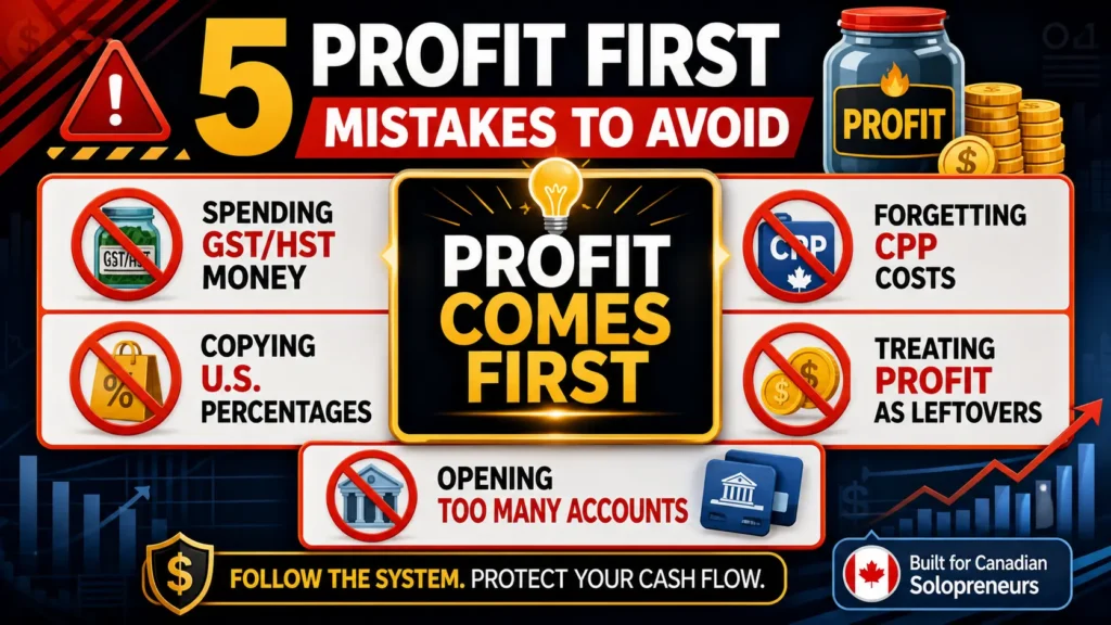 Five Profit First mistakes for Canadian solopreneurs, including GST/HST, CPP, and profit errors.