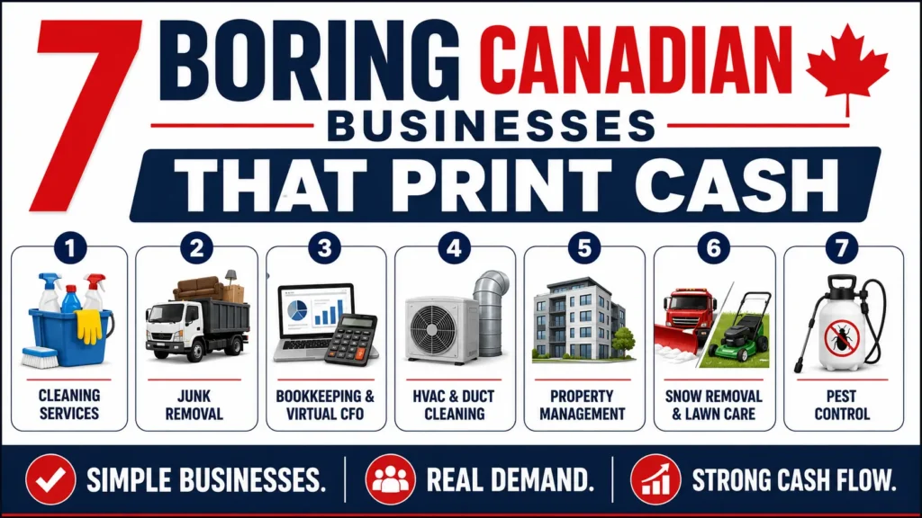 Infographic showing 7 boring Canadian businesses with strong demand, recurring revenue, cash flow.