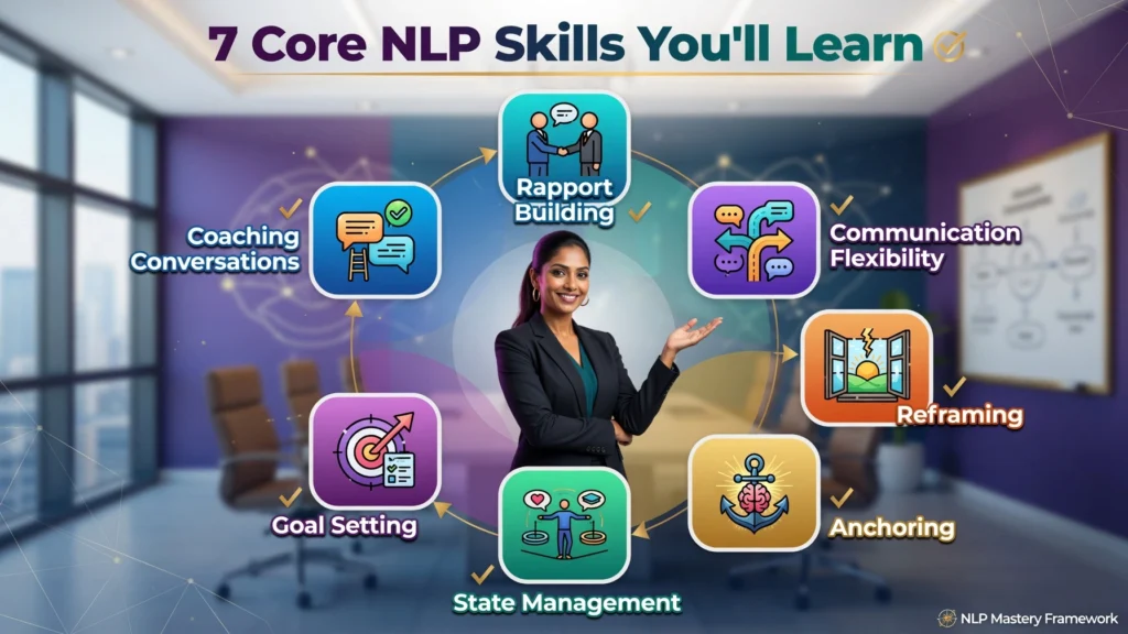 7 core NLP skills including rapport building, reframing, anchoring, communication, and coaching.