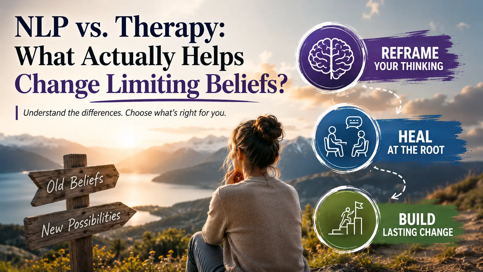 NLP vs therapy comparison for changing limiting beliefs through reframing and lasting change.