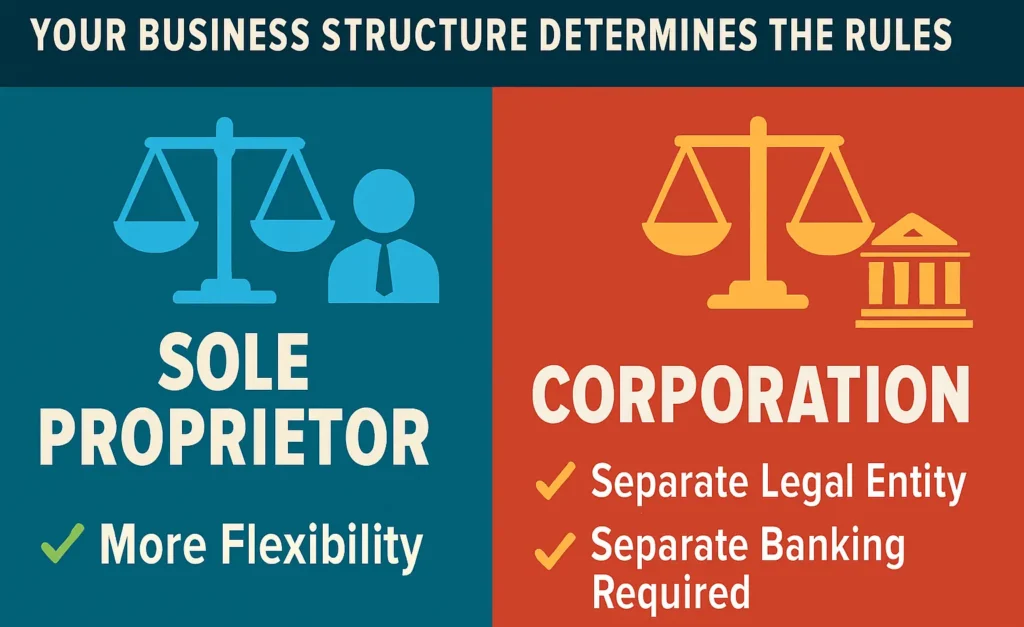 Comparison infographic showing sole proprietor versus corporation business structures in Canada, highlighting banking requirements, legal separation, flexibility, and the need for separate business accounts for incorporated companies.
