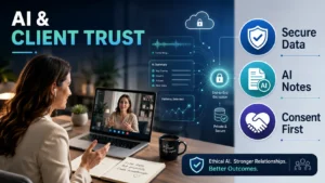 AI client trust infographic highlighting secure data, AI notes, and consent-first coaching