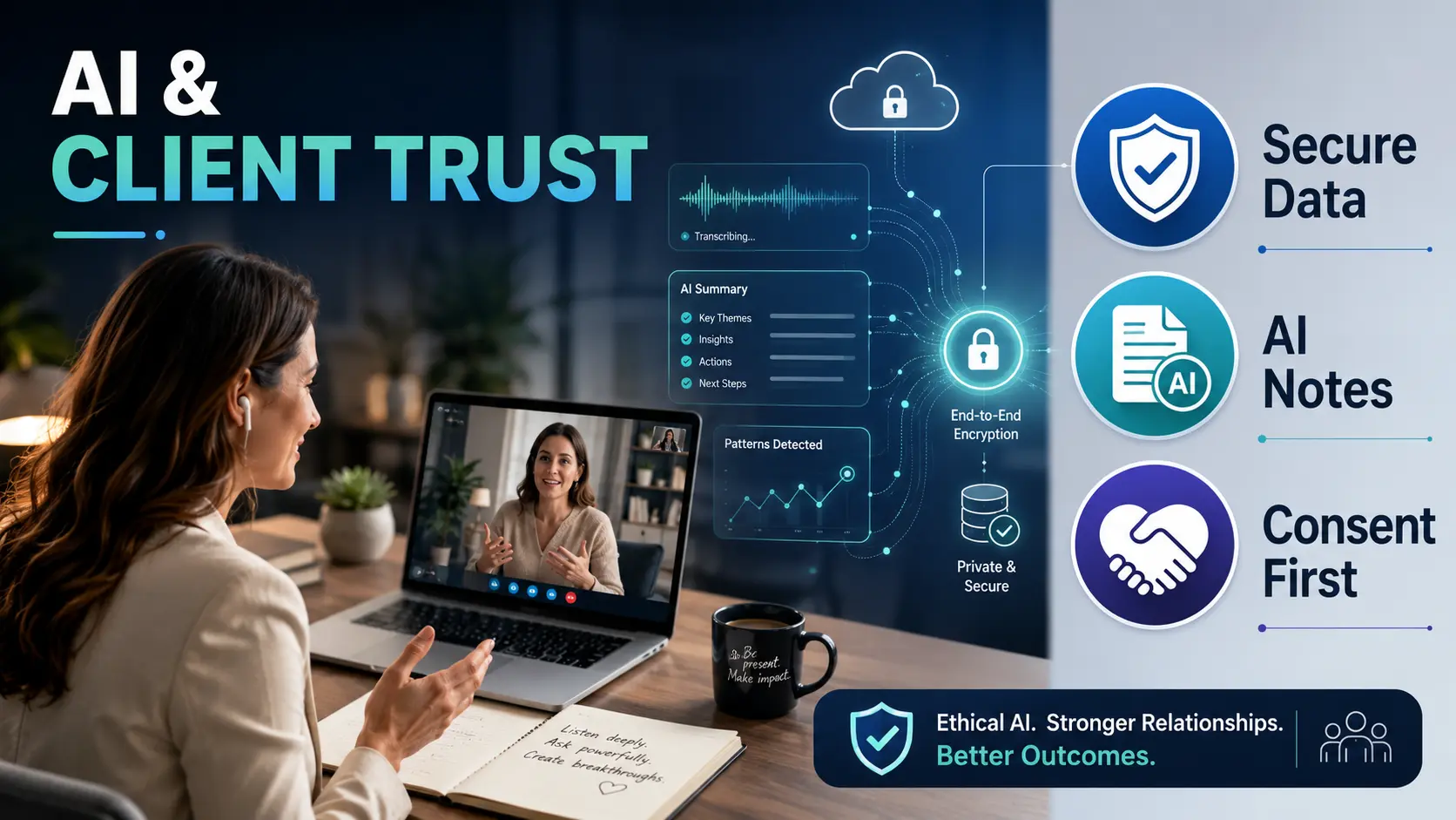 AI client trust infographic highlighting secure data, AI notes, and consent-first coaching