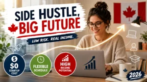 Canadian entrepreneur working on a laptop while building a side hustle, highlighting low startup costs, flexible scheduling, and high income potential in Canada for 2026.