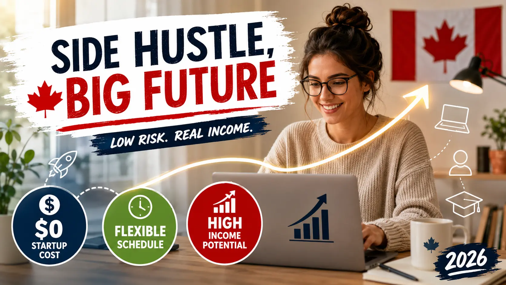 Canadian entrepreneur working on a laptop while building a side hustle, highlighting low startup costs, flexible scheduling, and high income potential in Canada for 2026.