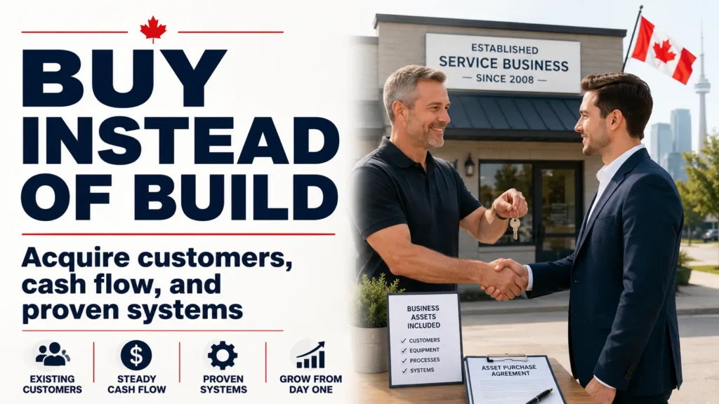 Canadian business acquisition infographic showing a buyer purchasing an established service business with existing customers, steady cash flow, proven systems, and growth opportunities from day one.