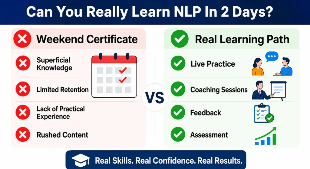 NLP Certified comparison showing weekend certificate versus real learning path with practical training.