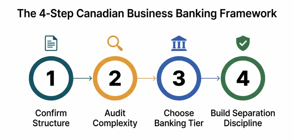 Infographic outlining a four-step Canadian business banking framework: confirm business structure, audit financial complexity, choose the appropriate banking tier, and maintain separation discipline for compliance and financial management.