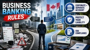 Canadian business banking infographic showing the benefits of separating personal and business finances, including liability protection, CRA compliance, improved cash flow management, and reduced audit risk for business owners.
