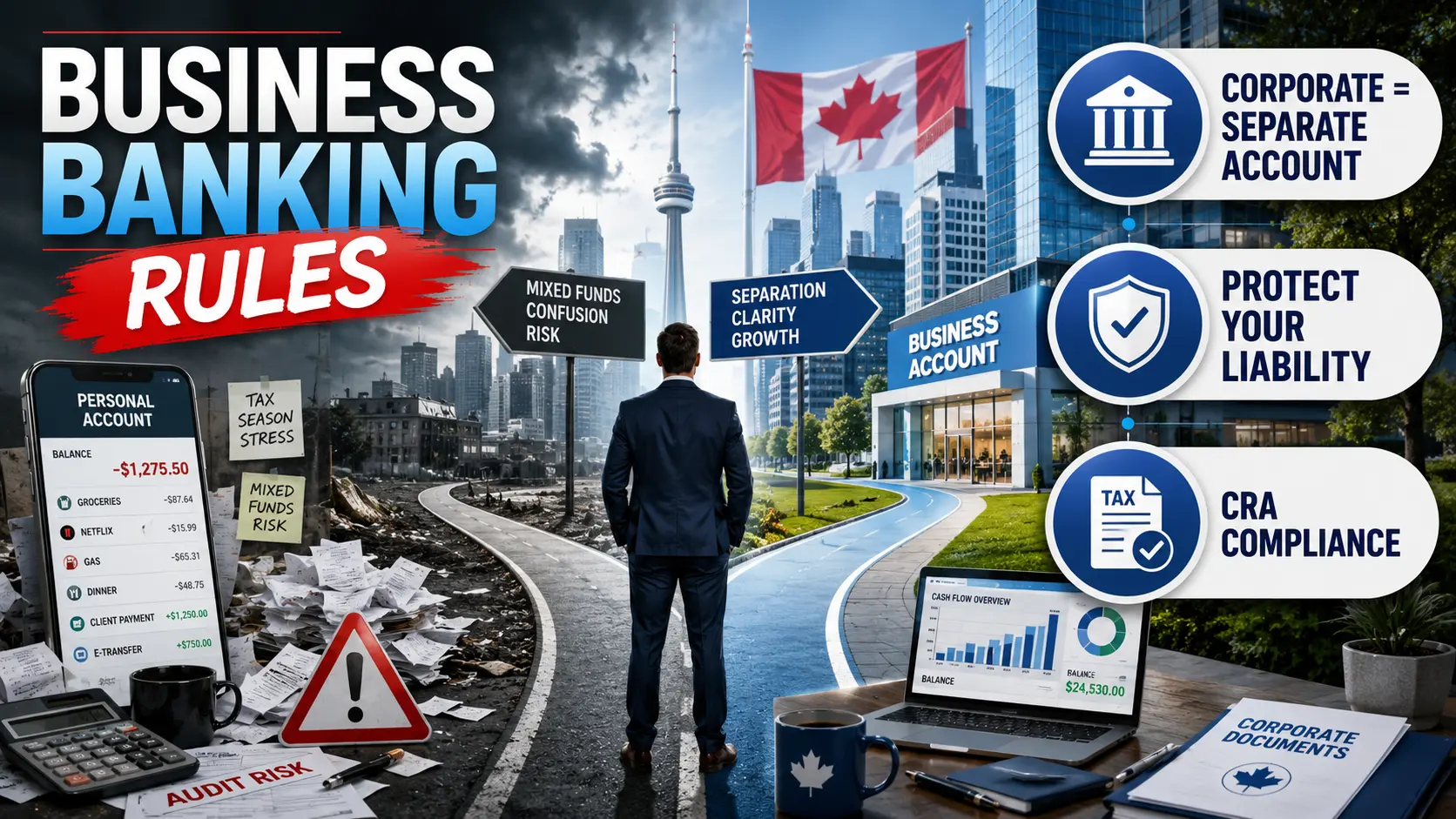 Canadian business banking infographic showing the benefits of separating personal and business finances, including liability protection, CRA compliance, improved cash flow management, and reduced audit risk for business owners.