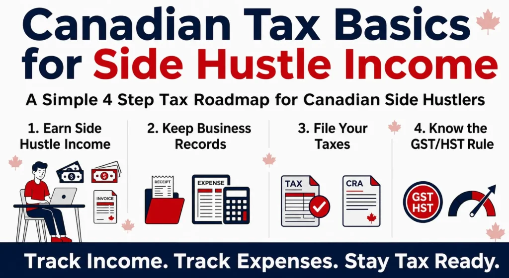 Canadian tax basics infographic covering side hustle income, business expenses, Form T2125, GST/HST registration, and tax record keeping.