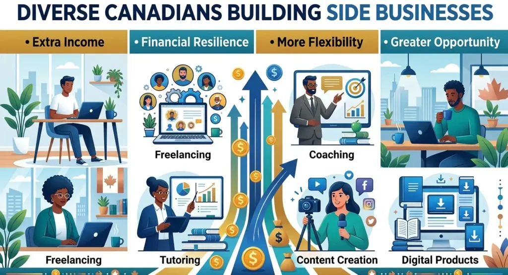 Diverse Canadians building side businesses through freelancing, coaching, tutoring, content creation, and digital products to generate extra income, flexibility, and financial resilience.