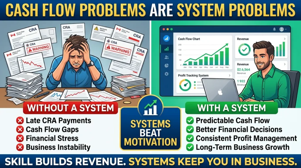 Cash flow systems infographic showing business stability, profit control, and CRA payment planning