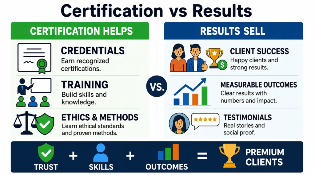 Infographic comparing certification and results, showing trust, outcomes, skills, and clients.