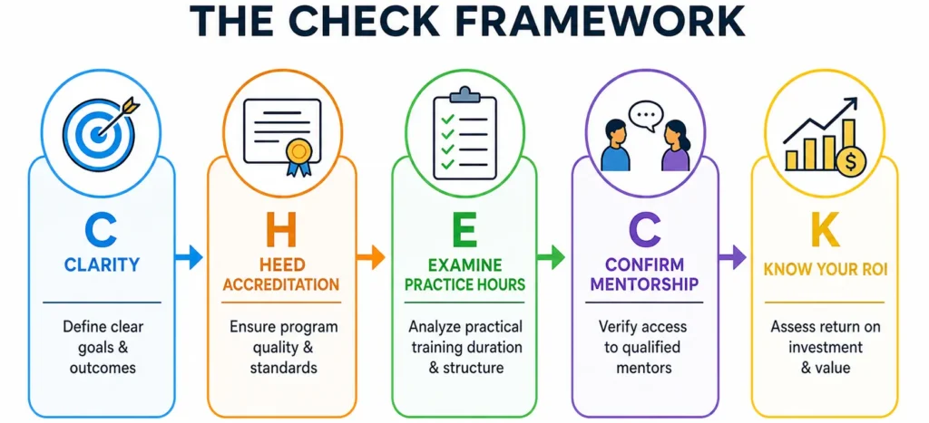 CHECK framework infographic for evaluating NLP certification programs and maximizing ROI.