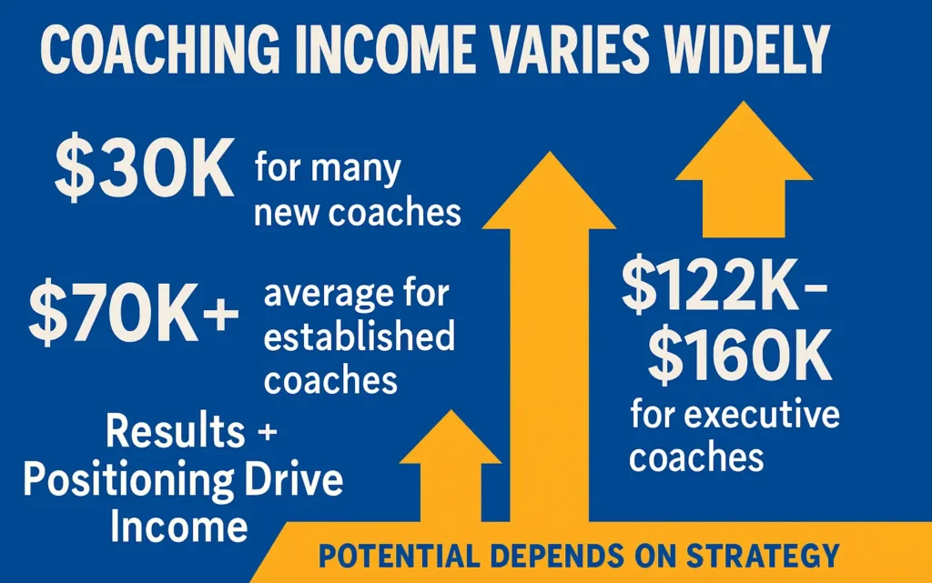 Coaching income infographic showing earnings ranging from $30K for new coaches to $122K–$160K for executive coaches, emphasizing how strategy, positioning, and client results influence coaching income growth.