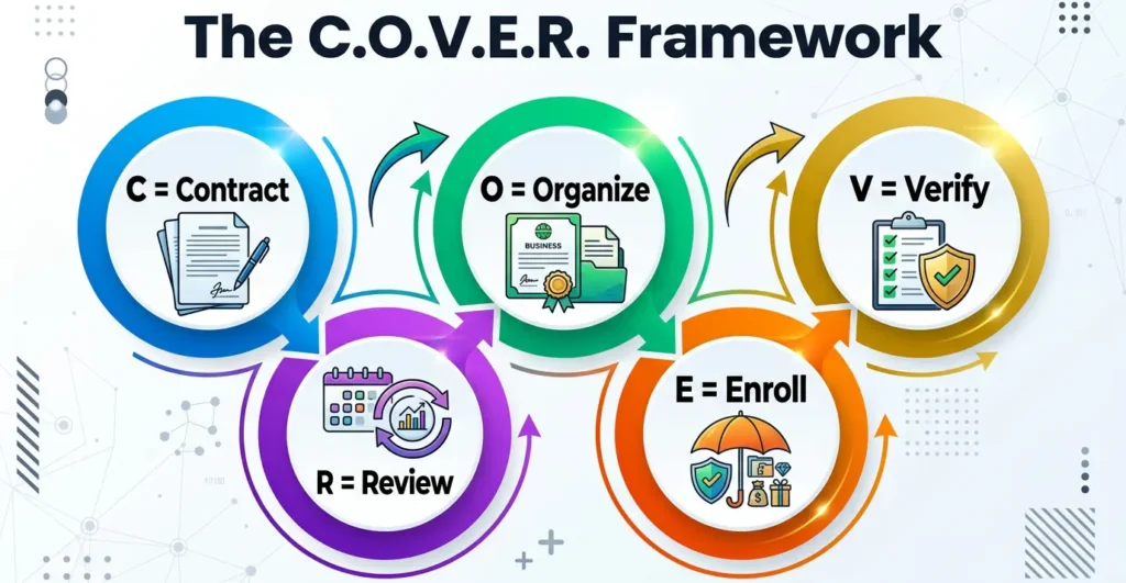 C.O.V.E.R. framework for life coach insurance in Canada showing Contract, Organize, Verify, Enroll, and Review steps for managing insurance coverage, documentation, compliance, and policy renewal.