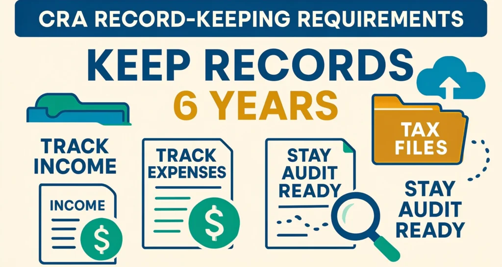 CRA record-keeping requirements infographic showing Canadian businesses must keep tax records for six years, track income and expenses, maintain tax files, and stay audit-ready for compliance purposes.