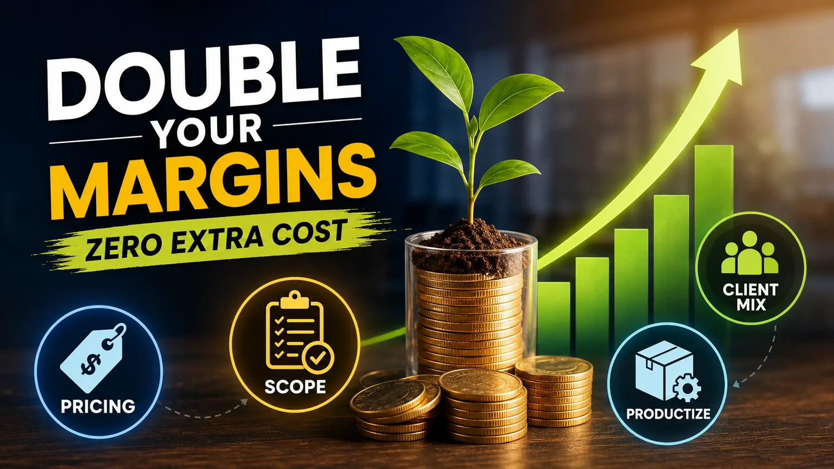 Business profit margin growth strategy showing pricing, scope, productization, and client mix gains.