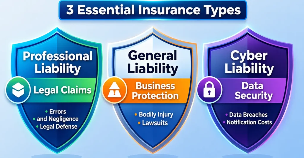 Infographic showing three essential insurance types for life coaches in Canada: professional liability insurance, general liability insurance, and cyber liability insurance for legal, business, and data protection.