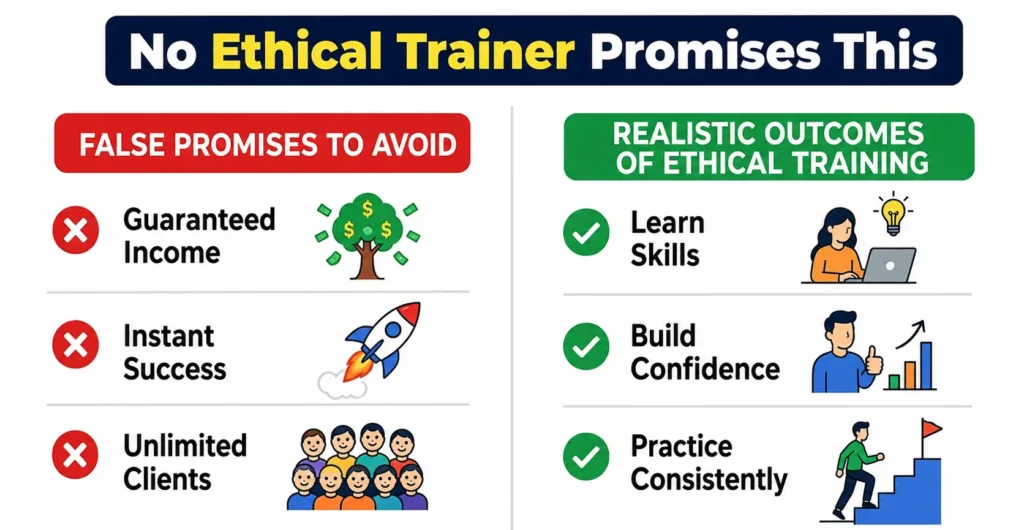 Ethical NLP trainer promises realistic outcomes instead of guaranteed income or instant success.