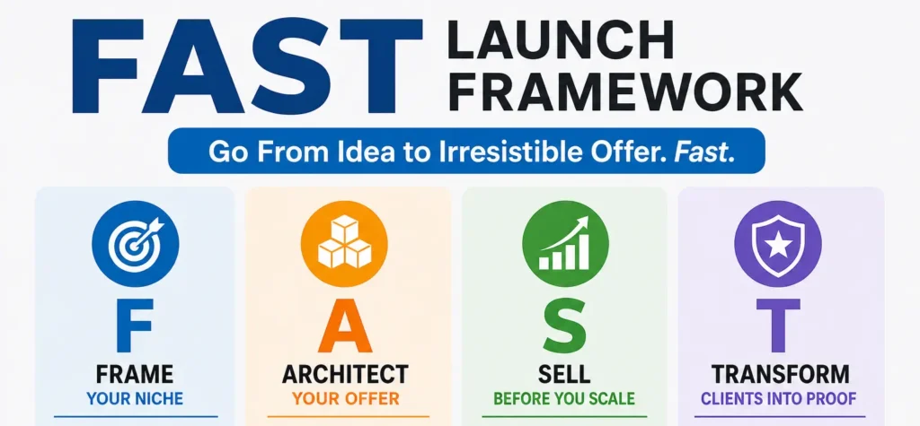 FAST launch framework infographic showing niche, offer, sales, and client transformation steps