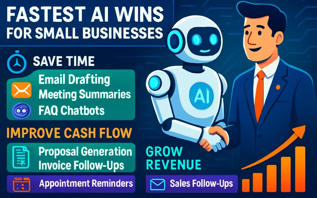 AI tools help small businesses save time, improve cash flow, automate tasks, and grow revenue.