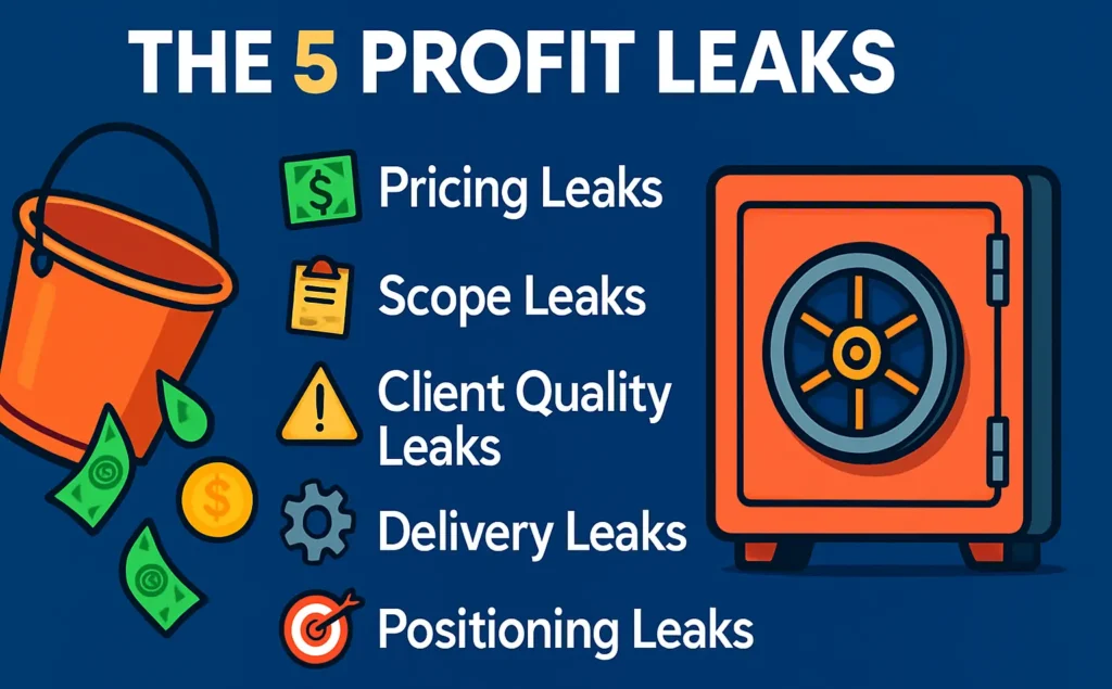 Five profit leaks hurting business margins: pricing, scope, client quality, delivery, positioning.