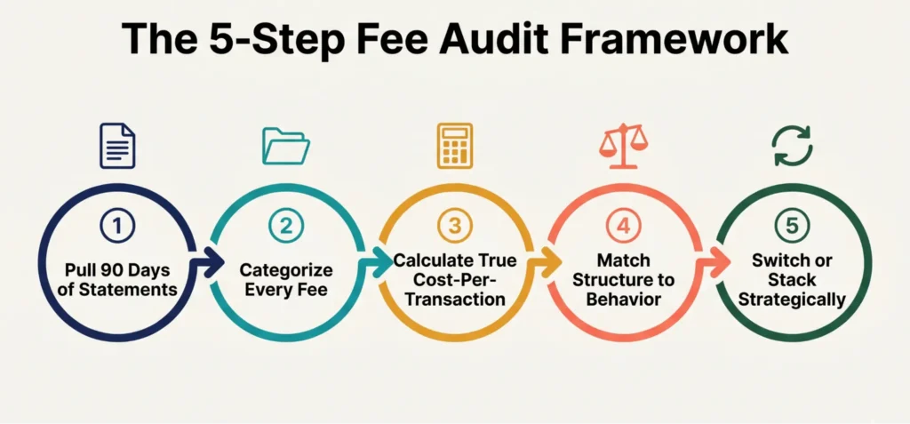 Five-step fee audit framework showing statement review, fee analysis, cost calculation, savings tips