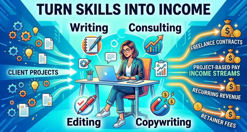 Canadian freelancer turning skills like writing, consulting, editing, and copywriting into income through client projects, recurring revenue, and freelance contracts.