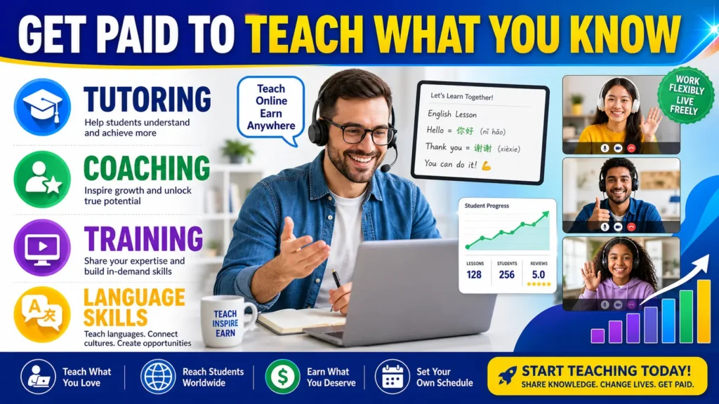 Professional teaching online through video calls, highlighting tutoring, coaching, training, and language instruction as flexible Canadian side hustle opportunities with global reach and income potential in 2026.