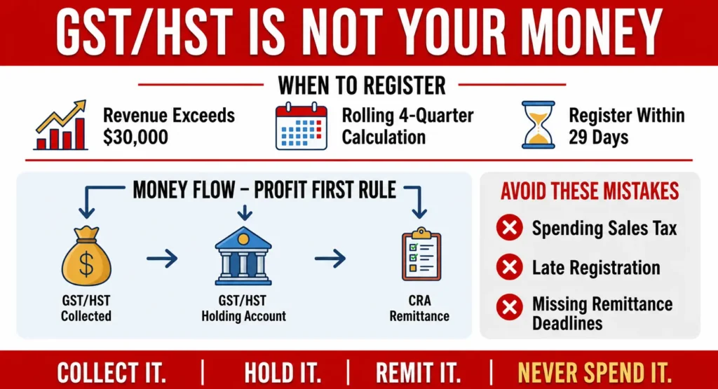 GST/HST compliance infographic showing registration rules, holding account flow, and CRA remittance.