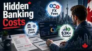 Canadian business owner reviewing hidden banking costs, wire fees, FX fees, and savings gains