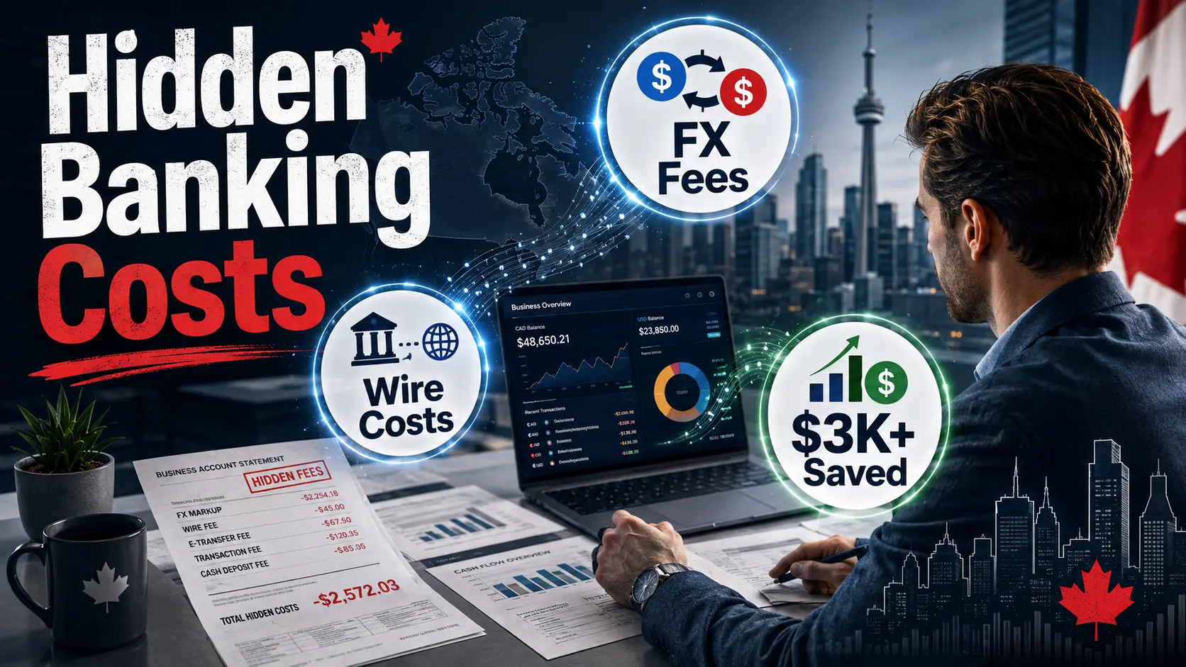 Canadian business owner reviewing hidden banking costs, wire fees, FX fees, and savings gains