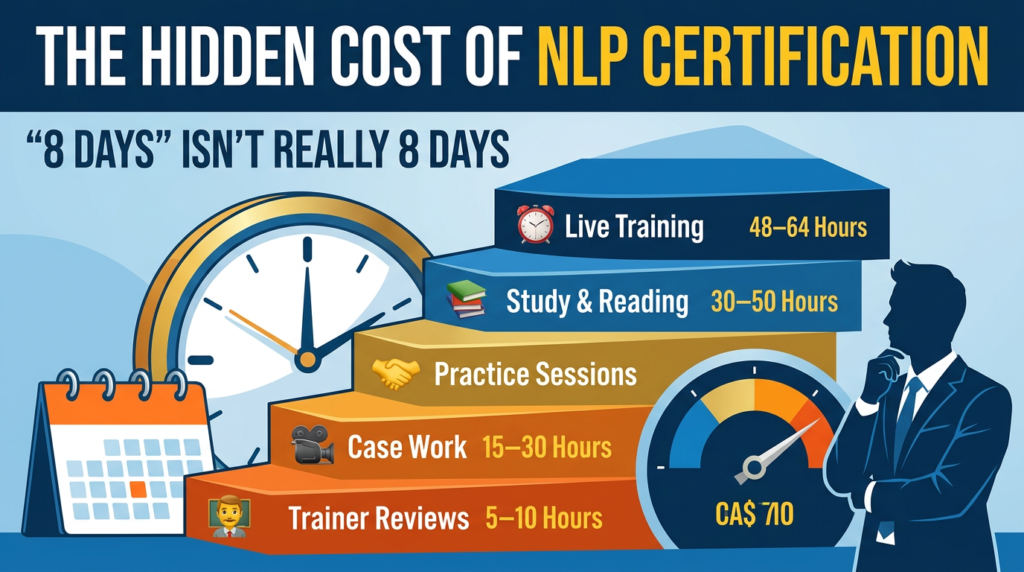 Infographic showing the hidden time cost of NLP certification beyond the advertised training days